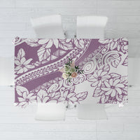 Purple tropical tablecloth with large floral and vine pattern, rectangular cloth.