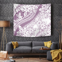 Purple and white Polynesian floral tapestry with swirling geometric patterns, rectangular