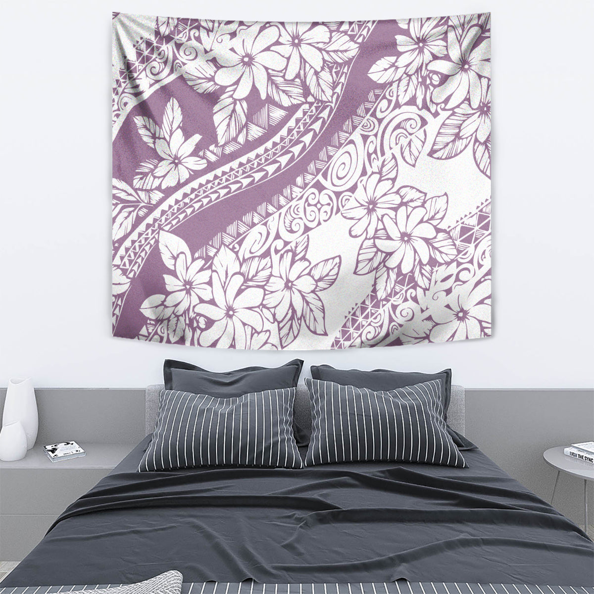 Purple and white tropical flower tapestry with wave stripe, vines, and swirl motifs, rectangle
