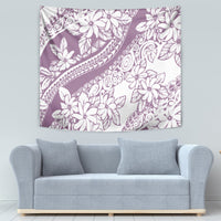 Purple and white tropical flower tapestry with ornate wave stripe and leaf silhouette pattern