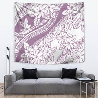 Purple and white Polynesian floral tapestry with dense blossoms, swirls, and border lines