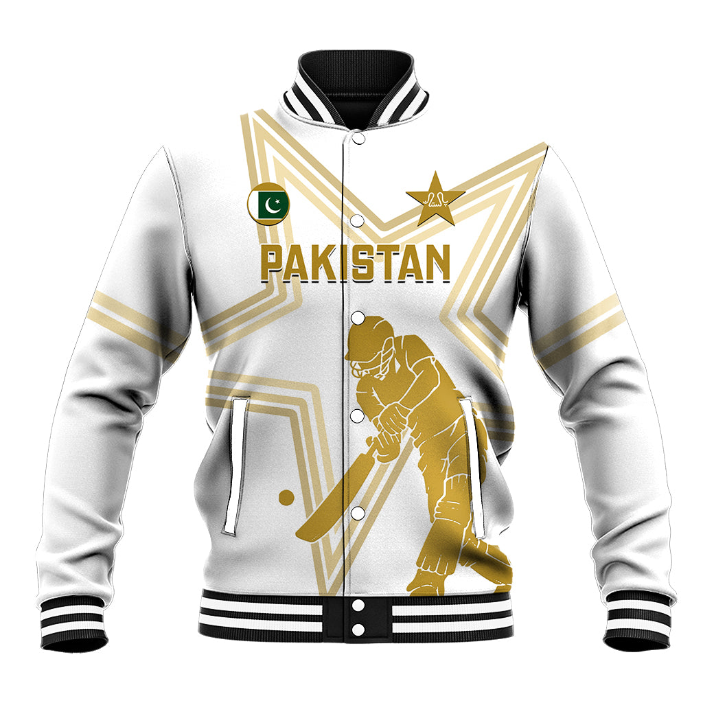 White hooded cricket baseball jacket with gold Pakistan crest and star graphic, zip front