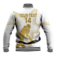 White hooded cricket baseball jacket back with gold pattern, number 14, black striped rib hem