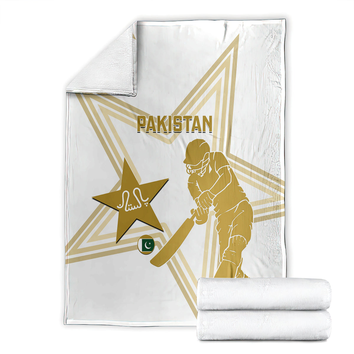 White Pakistan cricket blanket folded with gold star, player silhouette and Pakistan lettering