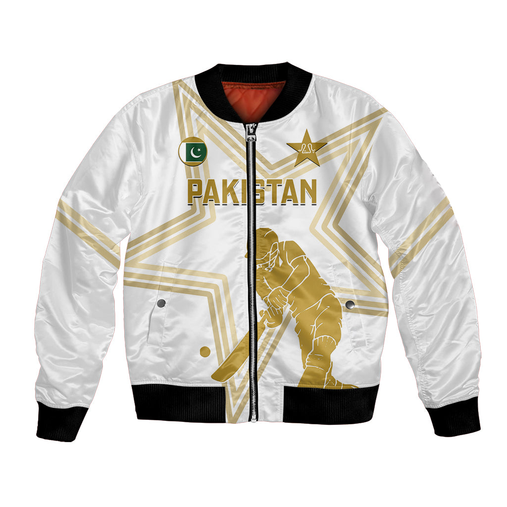 Unisex white bomber jacket with gold Pakistan graphic and front zipper, black rib trim