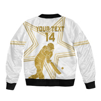 Unisex white bomber jacket back print with gold text 'YOUR TEXT 14' and player silhouette