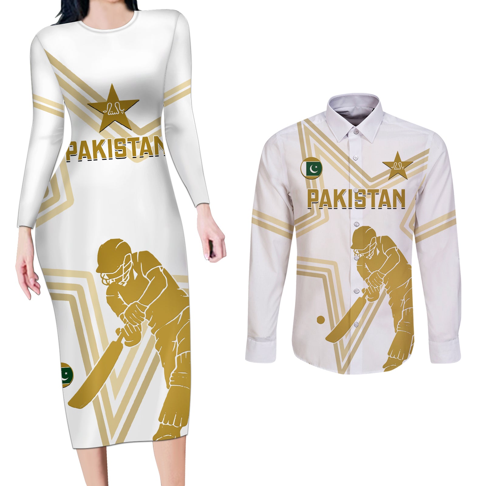 Custom Pakistan Cricket Couples Matching Long Sleeve Bodycon Dress and Long Sleeve Button Shirts 2023 Go Shaheens - Wonder Print Shop