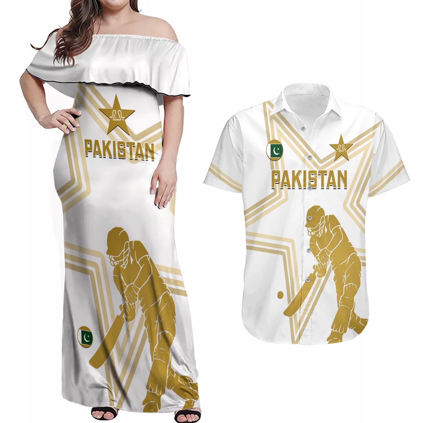 Custom Pakistan Cricket Couples Matching Off Shoulder Maxi Dress and Hawaiian Shirt 2023 Go Shaheens - Wonder Print Shop