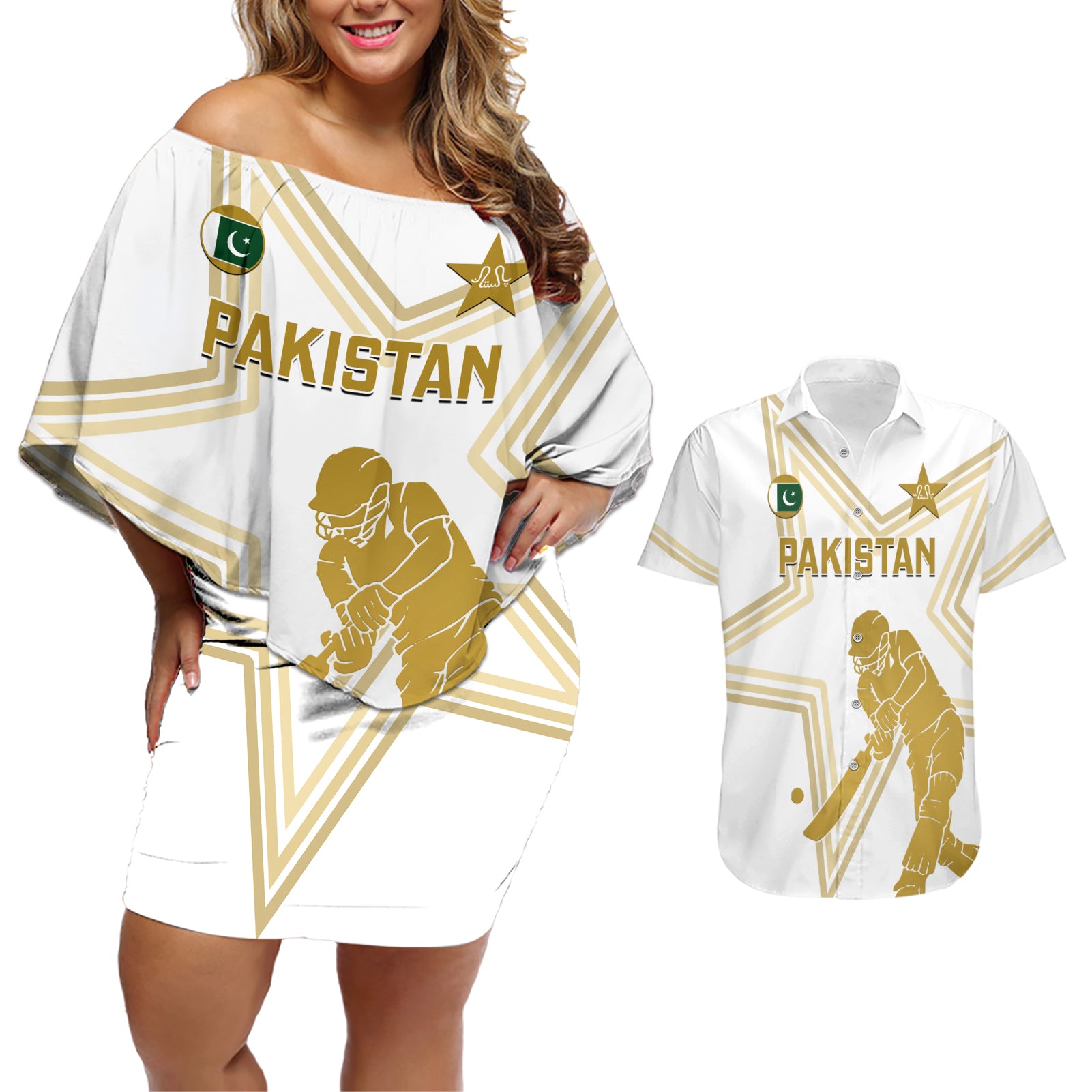 Custom Pakistan Cricket Couples Matching Off Shoulder Short Dress and Hawaiian Shirt 2023 Go Shaheens - Wonder Print Shop