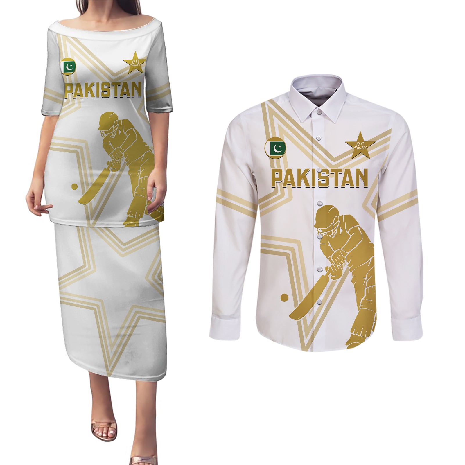 Custom Pakistan Cricket Couples Matching Puletasi Dress and Long Sleeve Button Shirts 2023 Go Shaheens - Wonder Print Shop