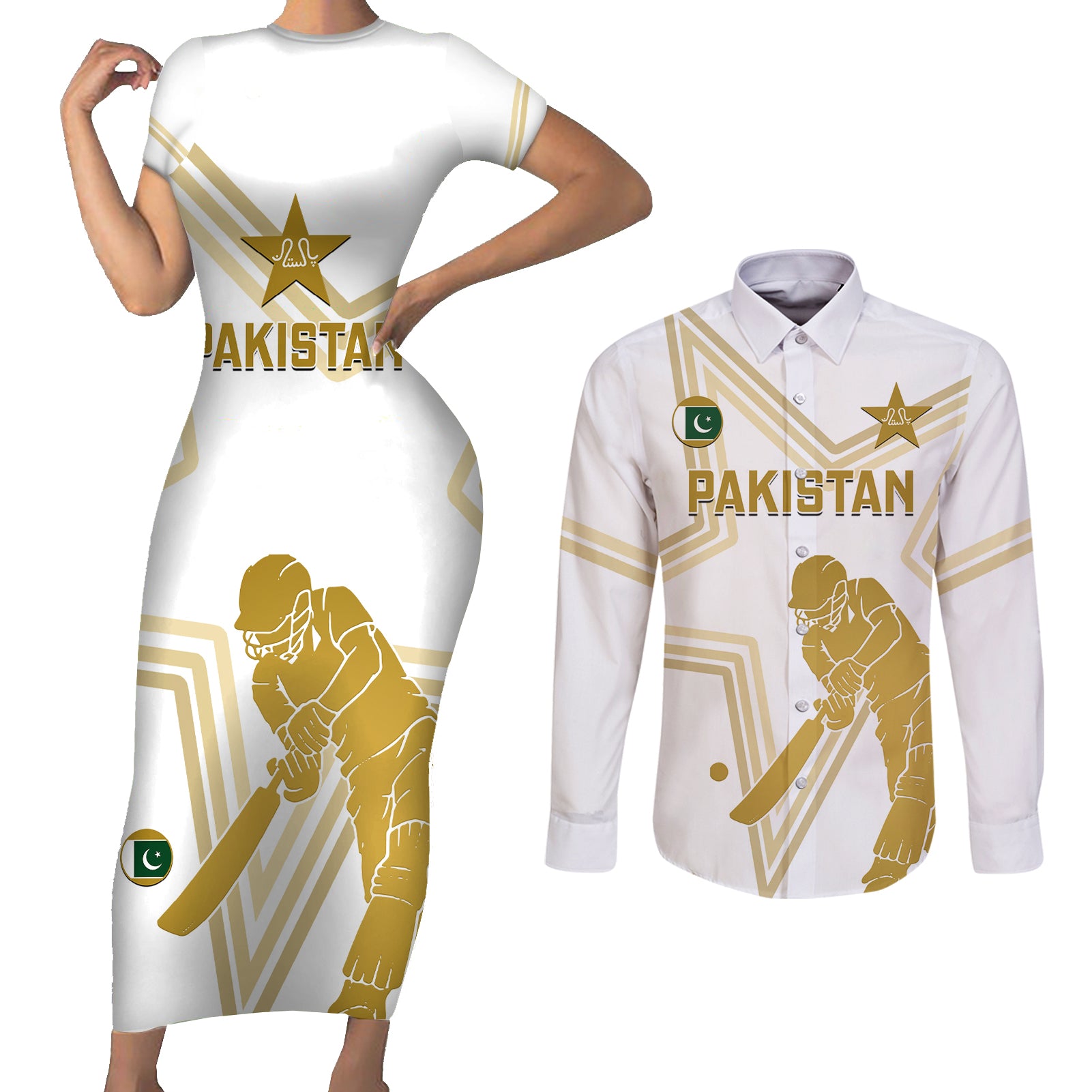 Custom Pakistan Cricket Couples Matching Short Sleeve Bodycon Dress and Long Sleeve Button Shirts 2023 Go Shaheens - Wonder Print Shop