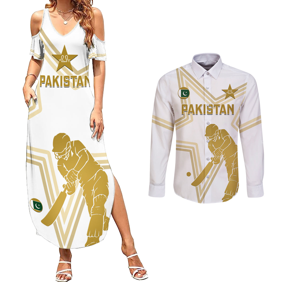 Custom Pakistan Cricket Couples Matching Summer Maxi Dress and Long Sleeve Button Shirts 2023 Go Shaheens - Wonder Print Shop