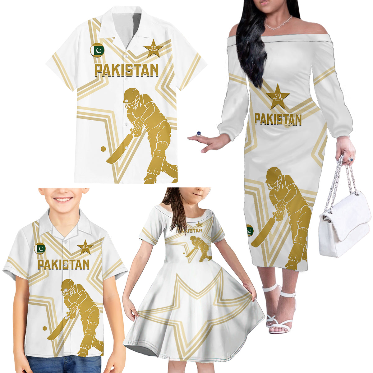 Custom Pakistan Cricket Family Matching Off Shoulder Long Sleeve Dress and Hawaiian Shirt 2023 Go Shaheens - Wonder Print Shop