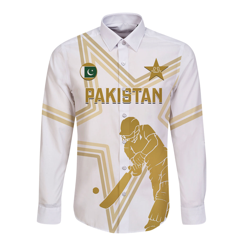 White cricket button-up long-sleeve shirt with front Pakistan crest and gold player graphic