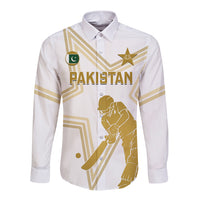 White cricket button-up long-sleeve shirt with front Pakistan crest and gold player graphic