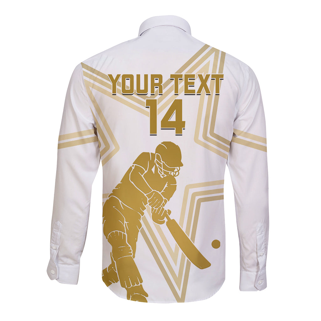 White cricket button-up long-sleeve shirt, back shows YOUR TEXT 14 and gold player graphic