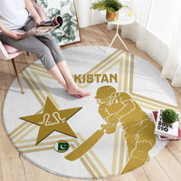 Round carpet with gold Pakistan cricket graphic on light gray, star and flag