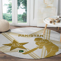 Round carpet featuring a gold Pakistan cricket star, player silhouette, and PAKISTAN text