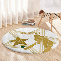 Round carpet with gold Pakistan cricket design on light gray, player and flag