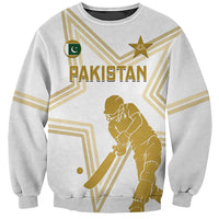 Unisex white Pakistan cricket sweatshirt with gold graphic and star, front view
