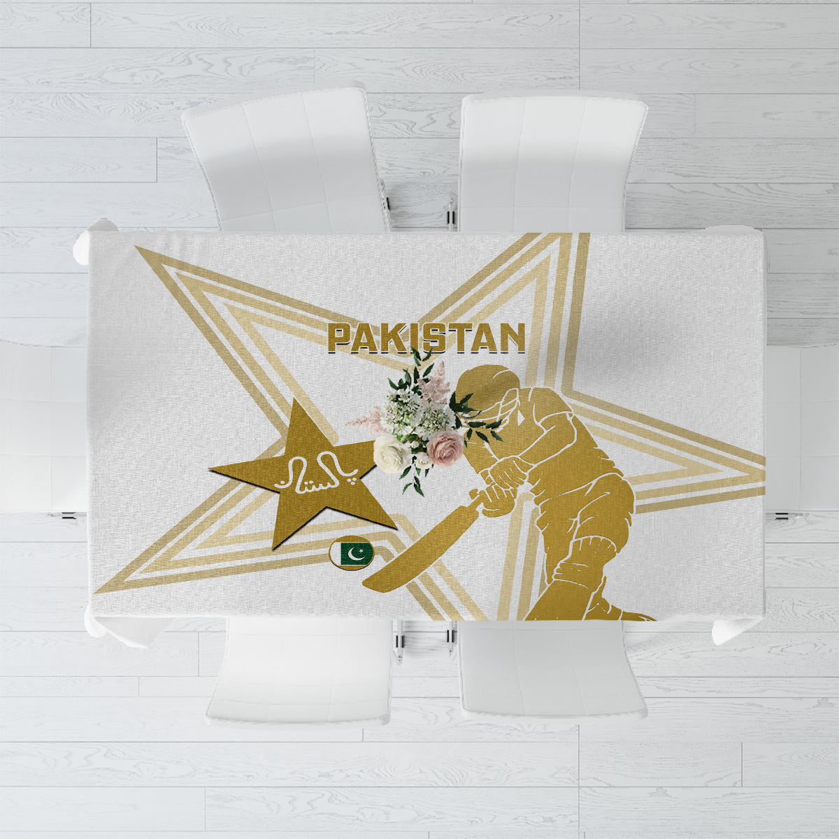White tablecloth with gold Pakistan cricket-themed graphic and star emblem center