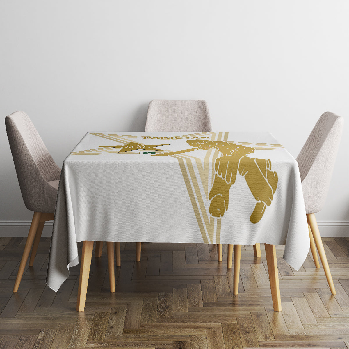 White tablecloth on round-top dining table featuring gold cricket graphic and star motif