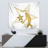 White tapestry featuring gold Pakistan lettering, star icon, and cricket player graphic