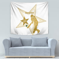 White Pakistan cricket tapestry with gold star, cricketer silhouette, and Pakistan lettering