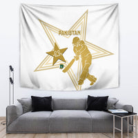 White tapestry with gold star emblem, Pakistan text, and kneeling cricket player illustration