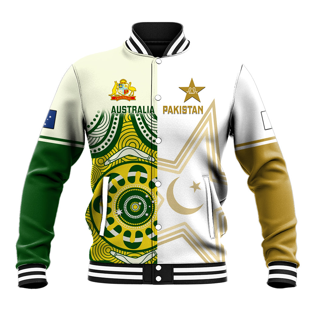Unisex white baseball jacket with green and gold Australia vs Pakistan front graphic