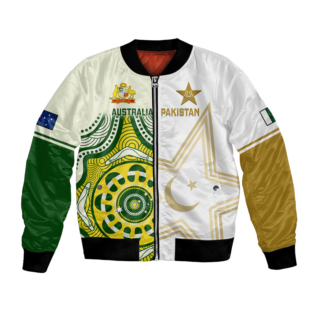 White unisex bomber jacket with Australia vs Pakistan graphic, full zip, ribbed cuffs