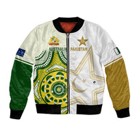 White unisex bomber jacket with Australia vs Pakistan graphic, full zip, ribbed cuffs