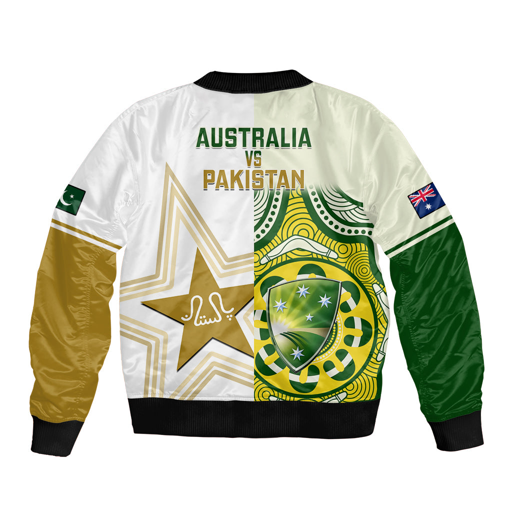 White unisex bomber jacket with back star and crest graphic for Australia vs Pakistan