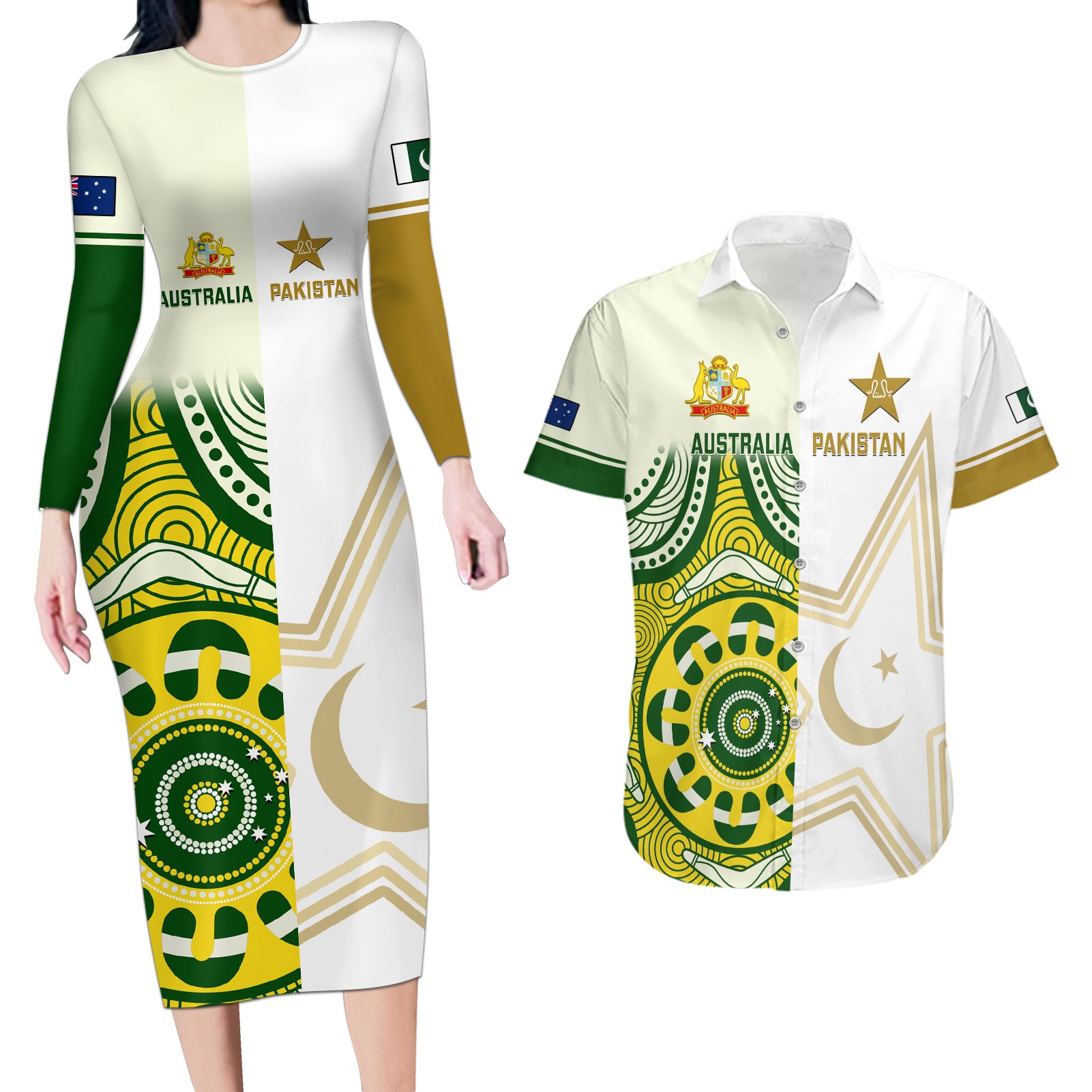 Australia And Pakistan Cricket Couples Matching Long Sleeve Bodycon Dress and Hawaiian Shirt Boxing Day 2023 Test Aussie With Shaheens - Wonder Print Shop