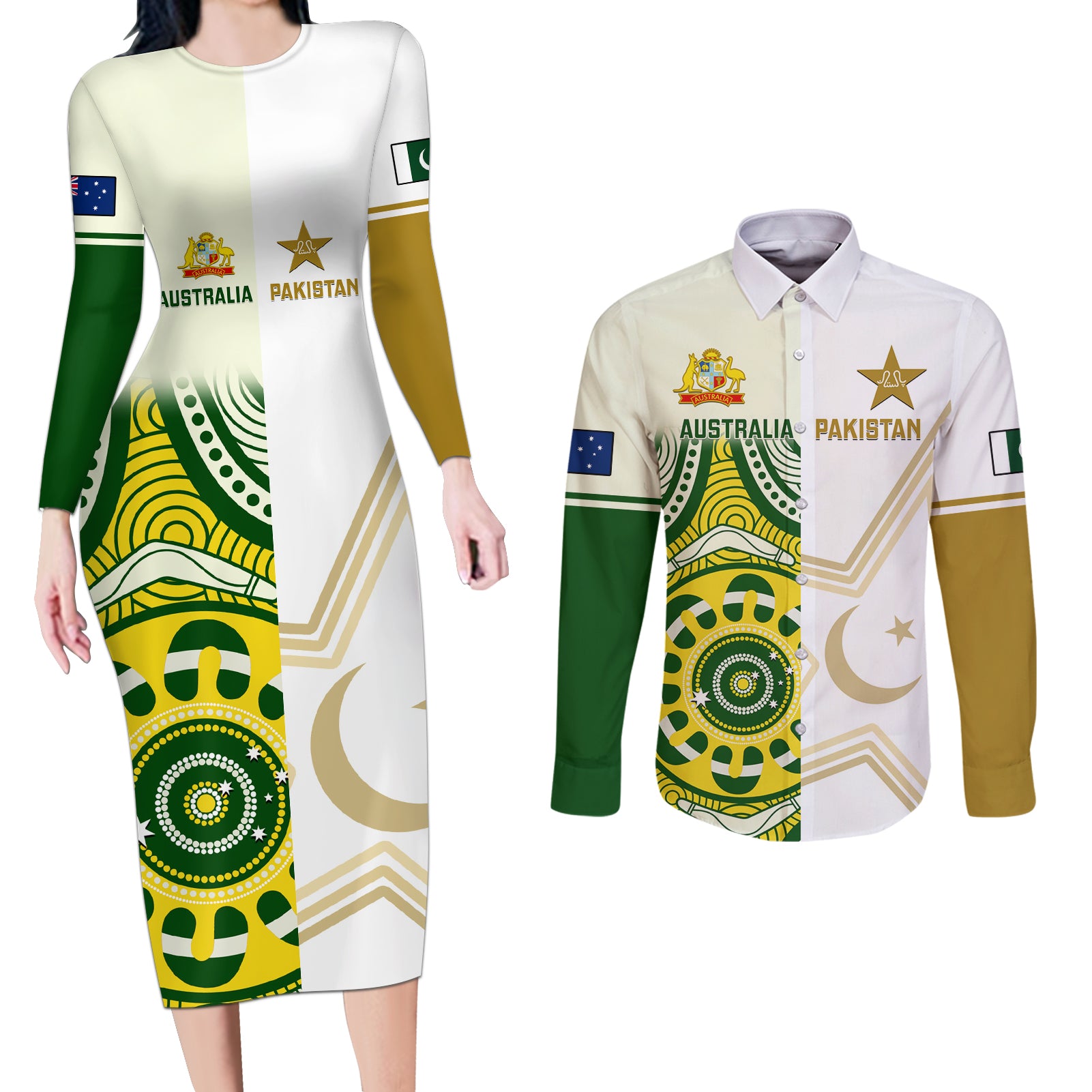 Australia And Pakistan Cricket Couples Matching Long Sleeve Bodycon Dress and Long Sleeve Button Shirts Boxing Day 2023 Test Aussie With Shaheens - Wonder Print Shop