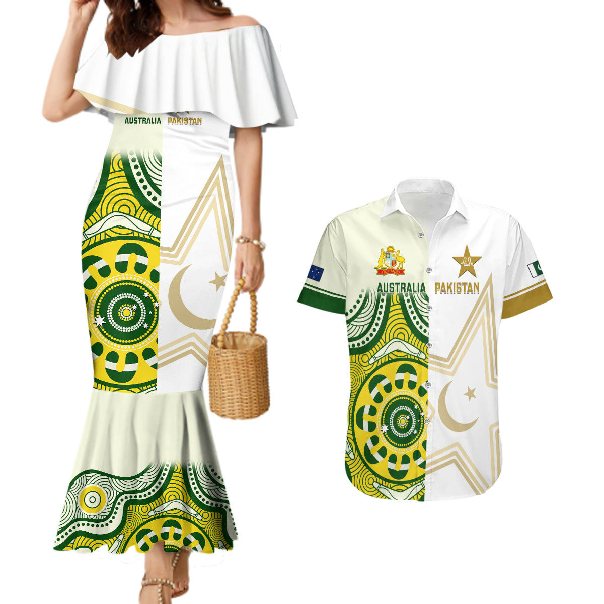 Australia And Pakistan Cricket Couples Matching Mermaid Dress and Hawaiian Shirt Boxing Day 2023 Test Aussie With Shaheens - Wonder Print Shop