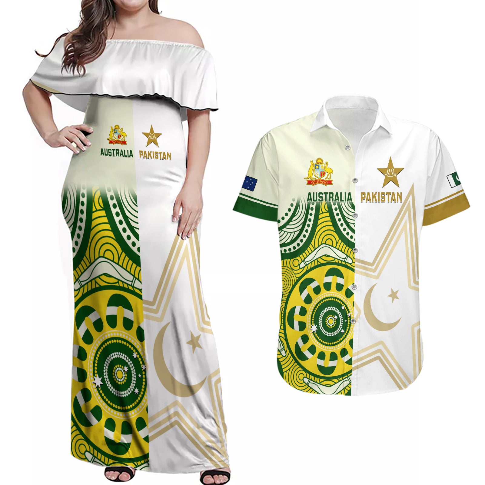 Australia And Pakistan Cricket Couples Matching Off Shoulder Maxi Dress and Hawaiian Shirt Boxing Day 2023 Test Aussie With Shaheens - Wonder Print Shop