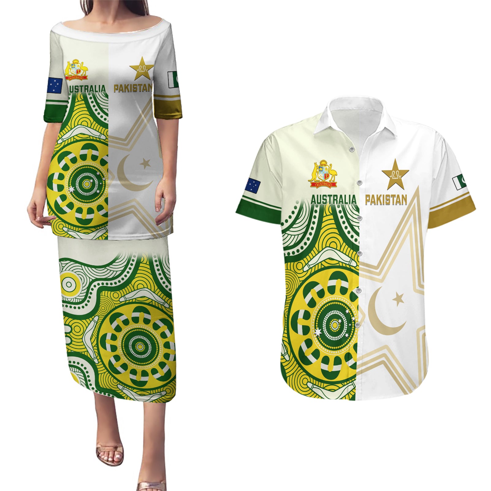 Australia And Pakistan Cricket Couples Matching Puletasi Dress and Hawaiian Shirt Boxing Day 2023 Test Aussie With Shaheens - Wonder Print Shop