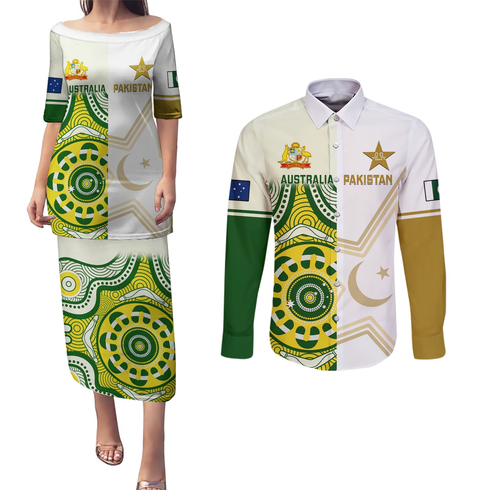 Australia And Pakistan Cricket Couples Matching Puletasi Dress and Long Sleeve Button Shirts Boxing Day 2023 Test Aussie With Shaheens - Wonder Print Shop