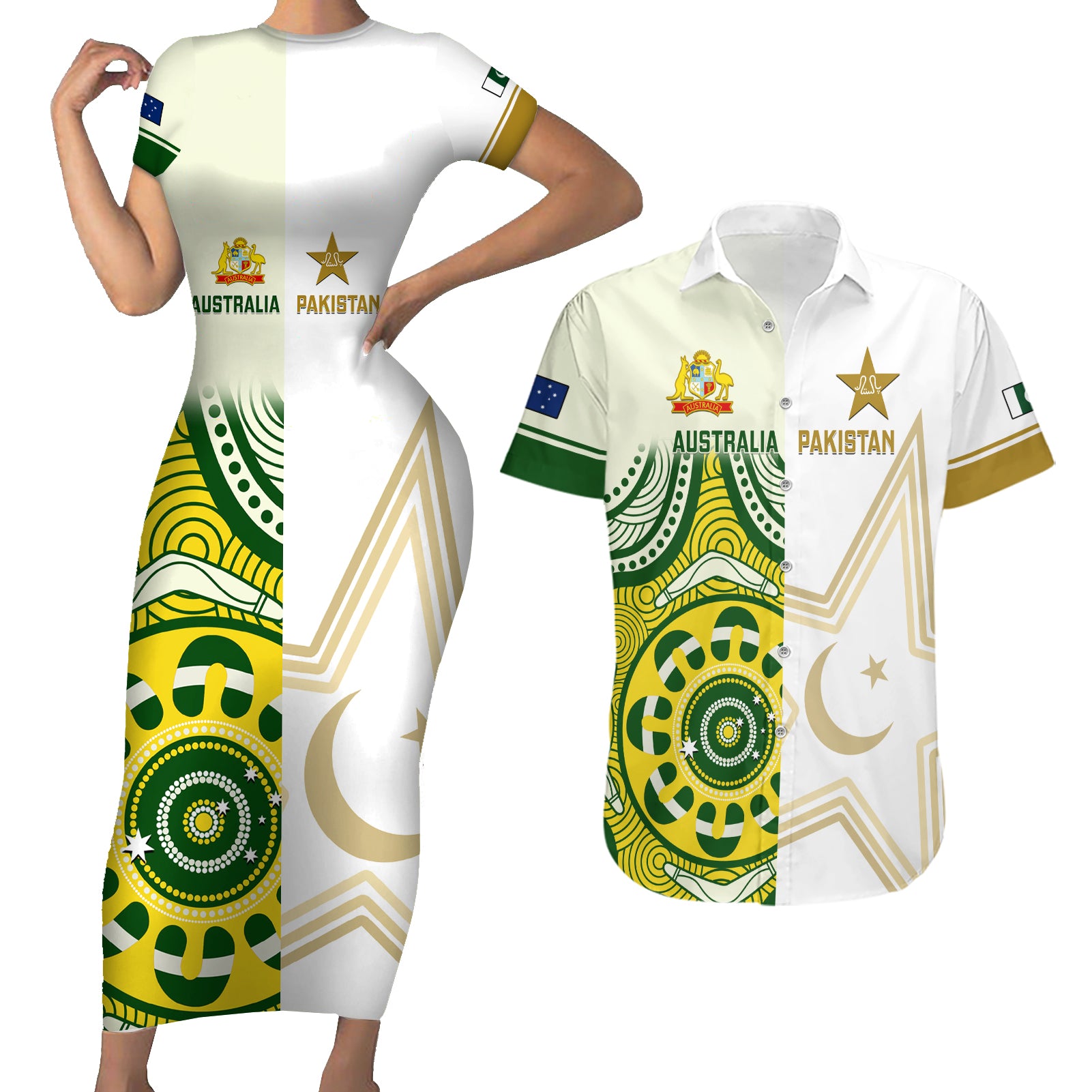 Australia And Pakistan Cricket Couples Matching Short Sleeve Bodycon Dress and Hawaiian Shirt Boxing Day 2023 Test Aussie With Shaheens - Wonder Print Shop