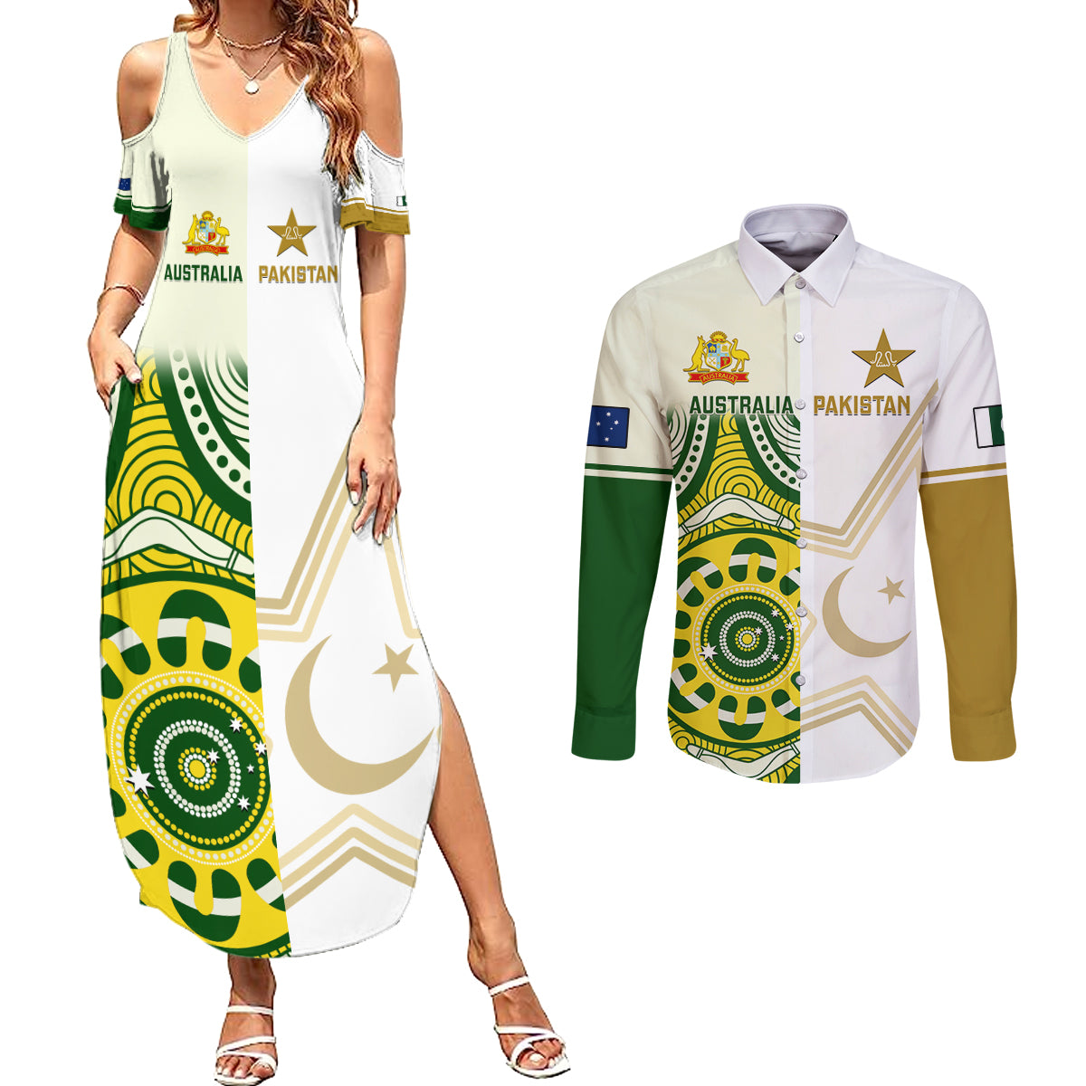 Australia And Pakistan Cricket Couples Matching Summer Maxi Dress and Long Sleeve Button Shirts Boxing Day 2023 Test Aussie With Shaheens - Wonder Print Shop