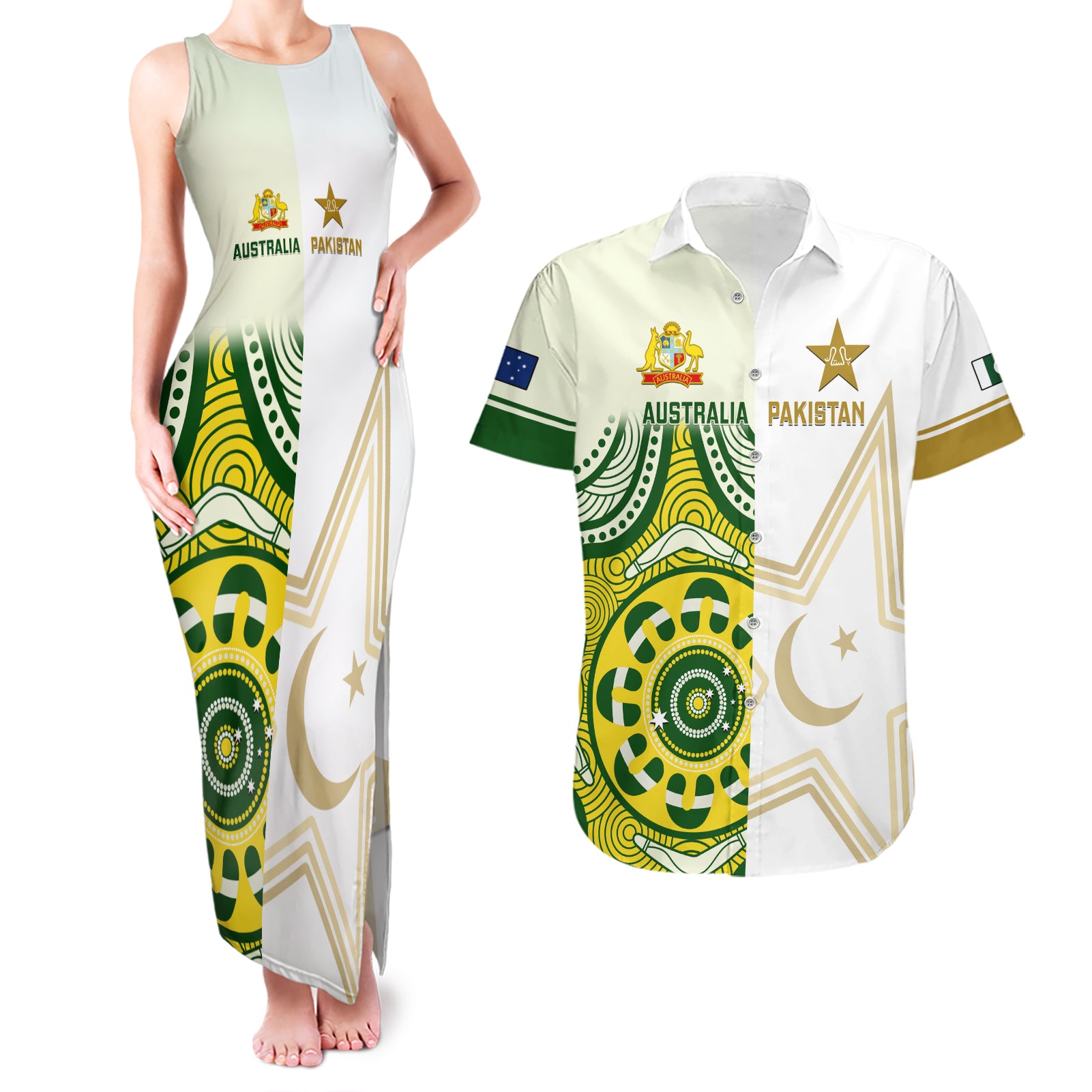 Australia And Pakistan Cricket Couples Matching Tank Maxi Dress and Hawaiian Shirt Boxing Day 2023 Test Aussie With Shaheens - Wonder Print Shop