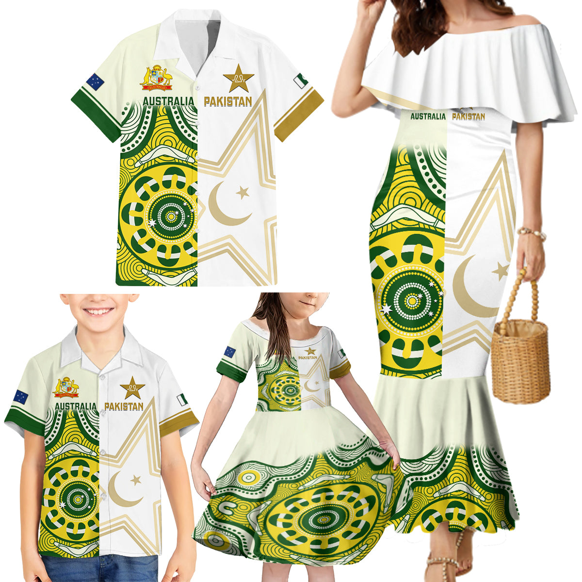 Australia And Pakistan Cricket Family Matching Mermaid Dress and Hawaiian Shirt Boxing Day 2023 Test Aussie With Shaheens - Wonder Print Shop