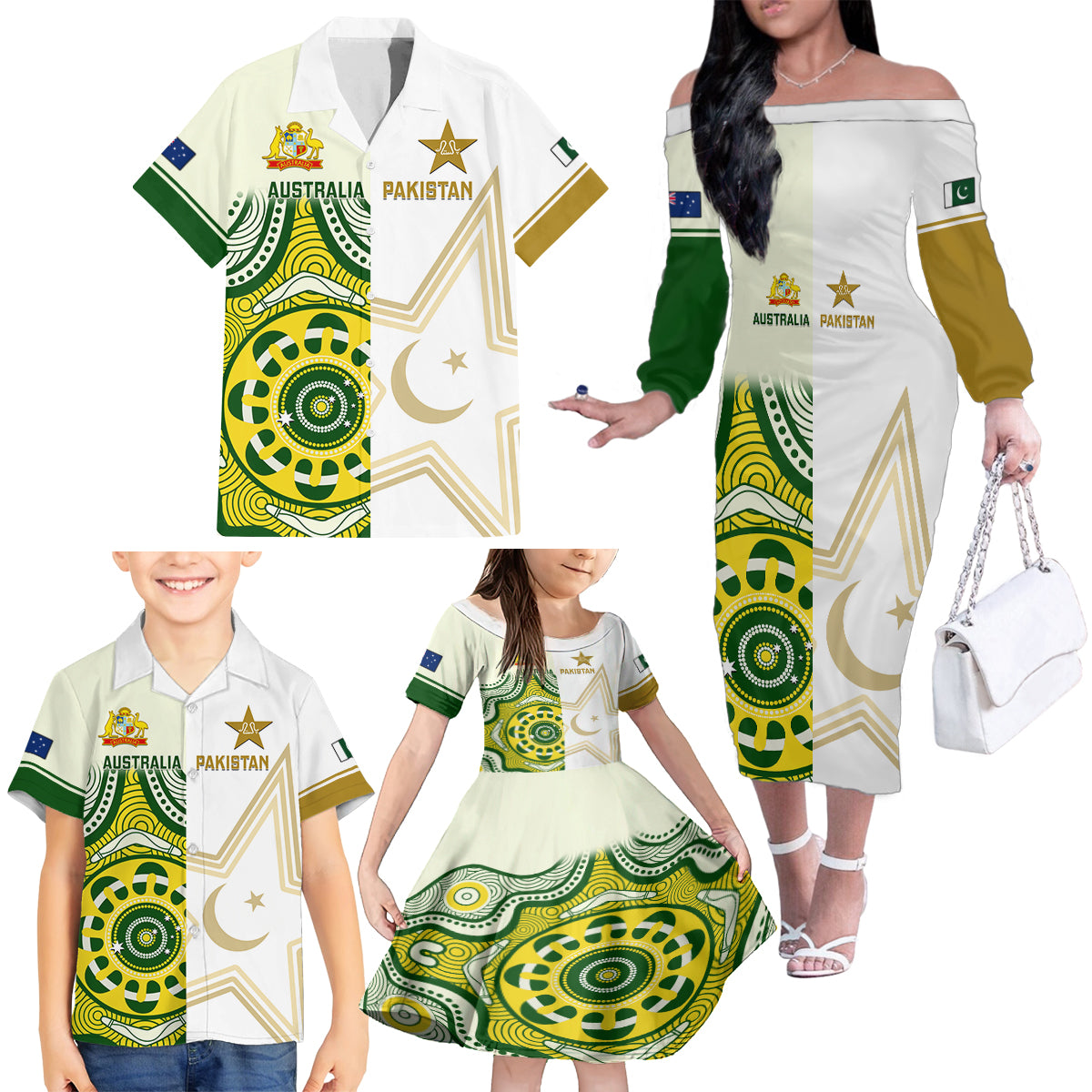 Australia And Pakistan Cricket Family Matching Off Shoulder Long Sleeve Dress and Hawaiian Shirt Boxing Day 2023 Test Aussie With Shaheens - Wonder Print Shop