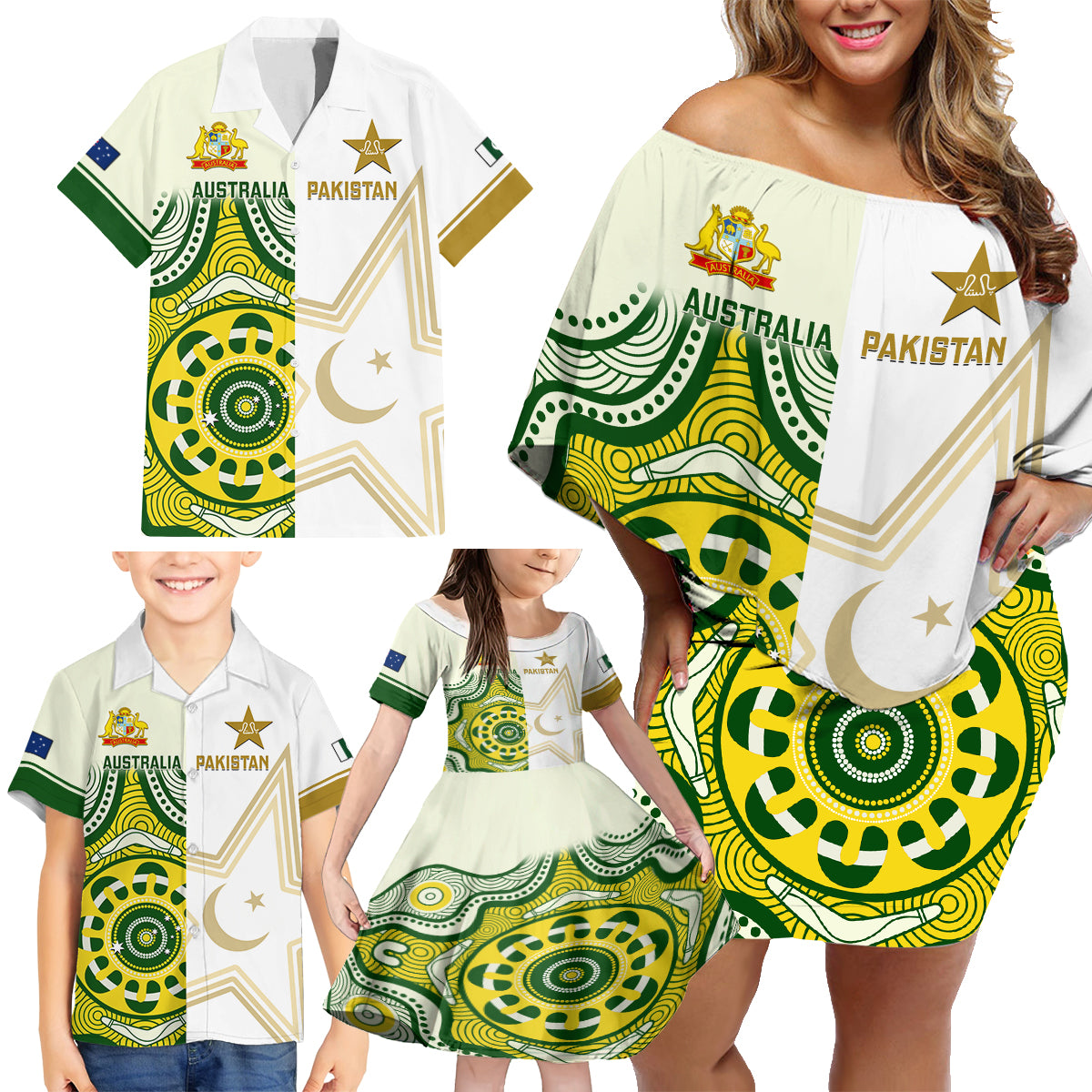 Australia And Pakistan Cricket Family Matching Off Shoulder Short Dress and Hawaiian Shirt Boxing Day 2023 Test Aussie With Shaheens - Wonder Print Shop