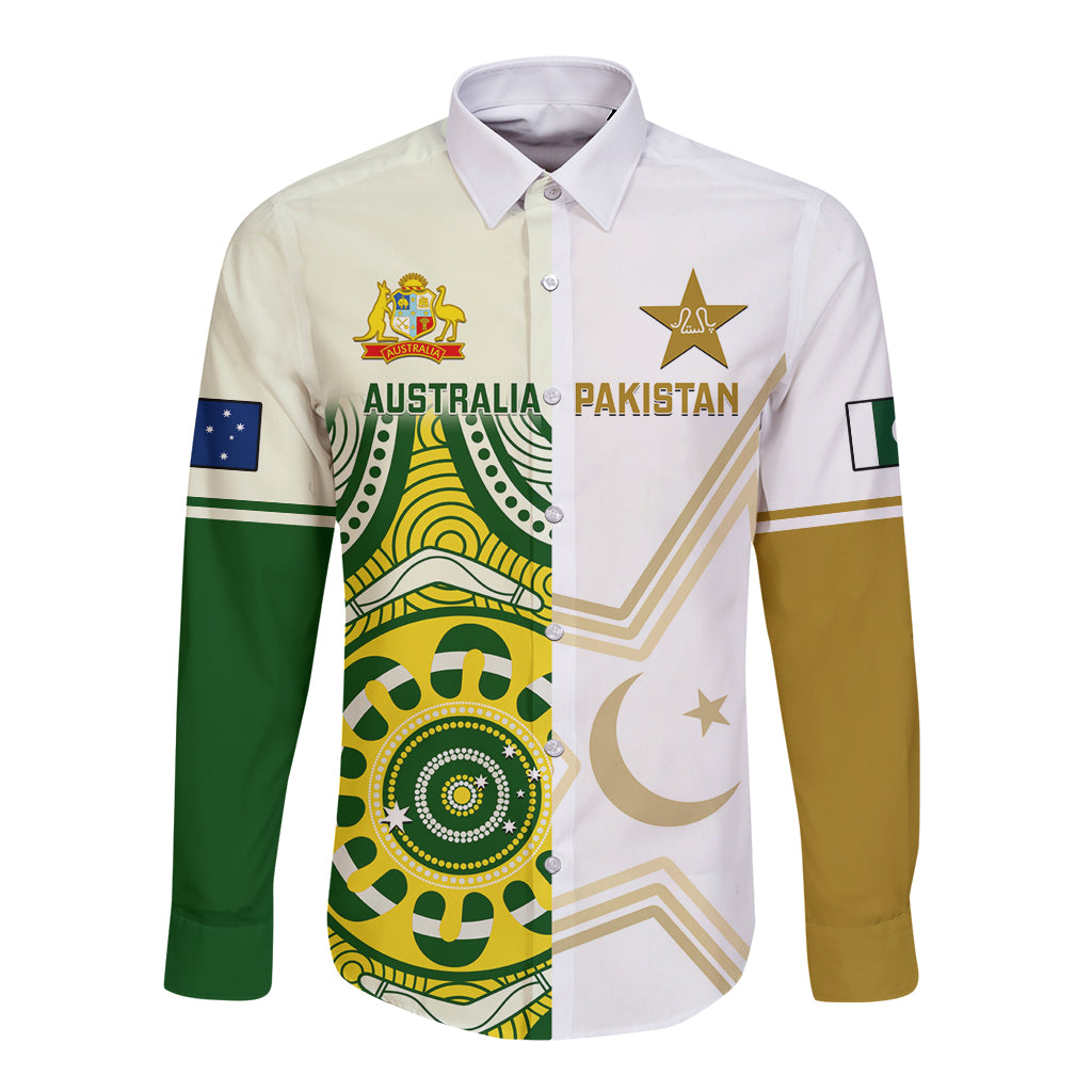 Long-sleeve button shirt with Australia and Pakistan graphic panels, white base