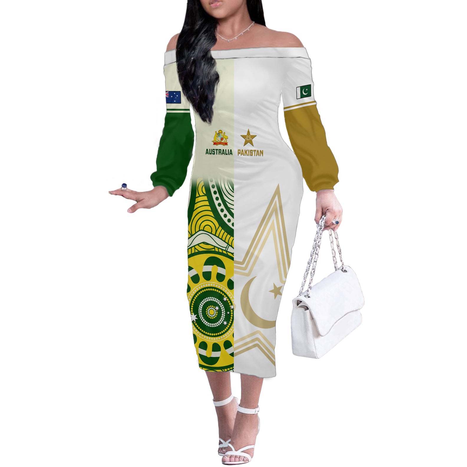 Australia And Pakistan Cricket Off The Shoulder Long Sleeve Dress Boxing Day 2023 Test Aussie With Shaheens - Wonder Print Shop