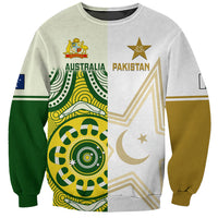 Unisex crewneck sweatshirt, white with Australia vs Pakistan graphic front panels.