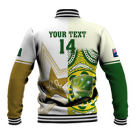 White unisex baseball jacket back with 'YOUR TEXT 14' and shield graphics