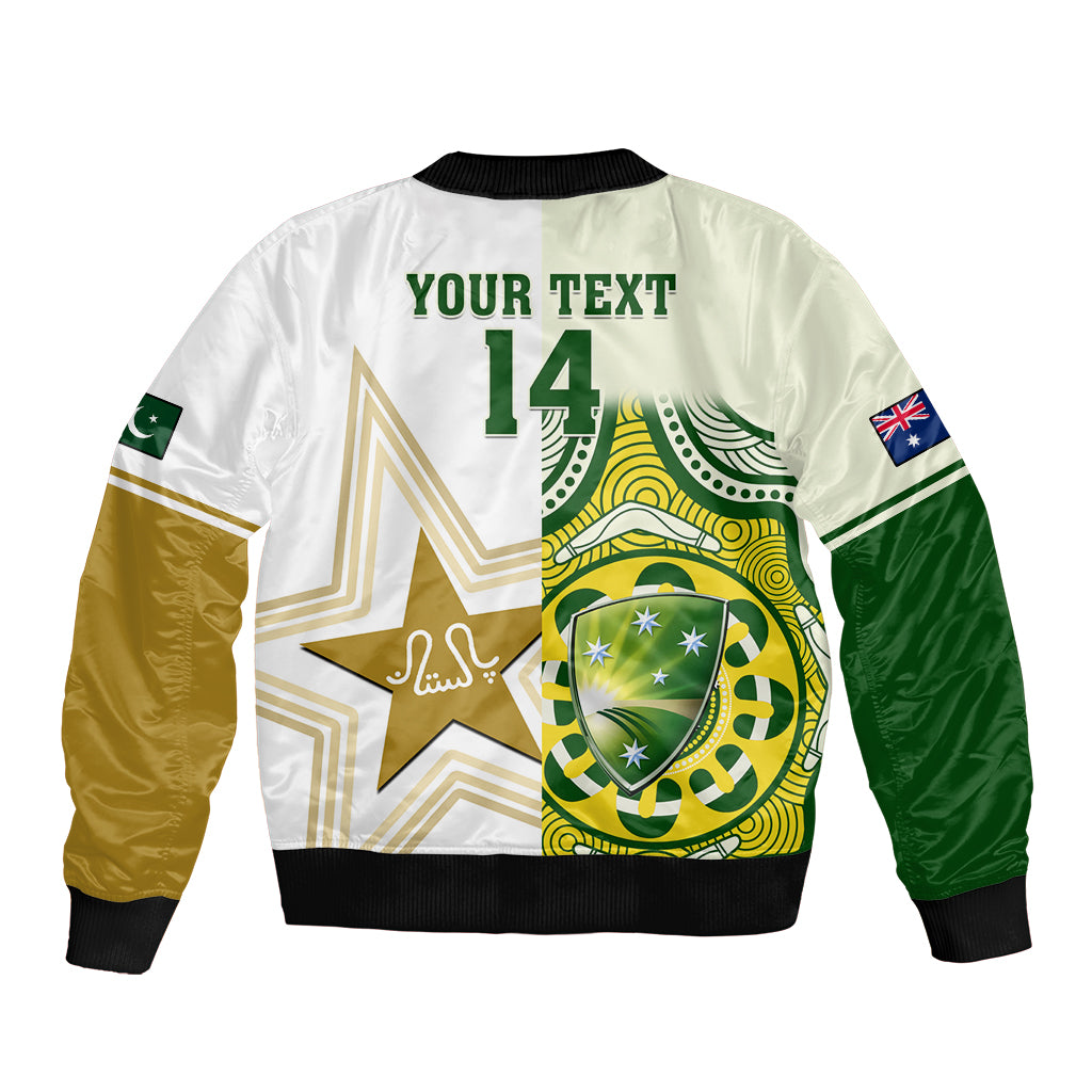 White bomber jacket back with 'YOUR TEXT 14' print, star and shield graphic, ribbed hem